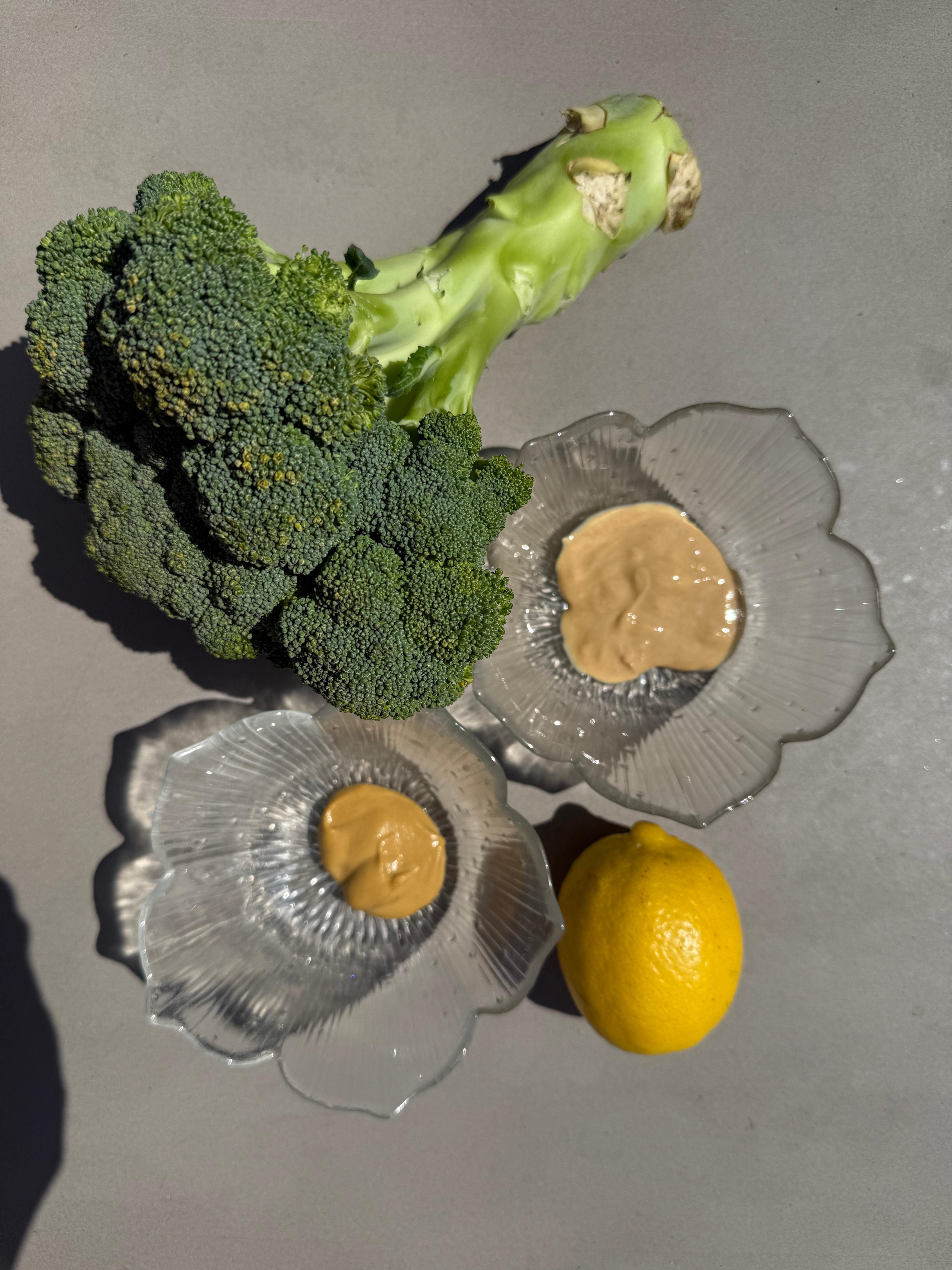 ingredients for broccoli with peanut butter, mustard and lemon jouce sauce